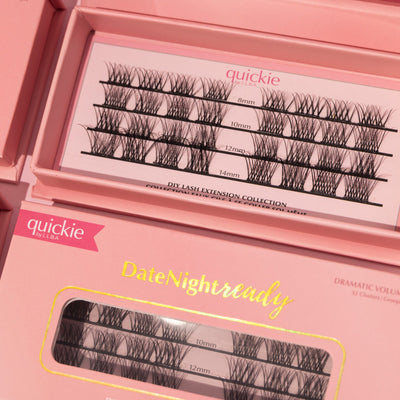 Close-up of DIY lash extension set in pink packaging, labeled 'Date Night Ready' by Quickie, featuring lash lengths ranging from 8mm to 14mm for dramatic volume.