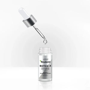 Opened Botox-X bottle with dropper and a drop of the product falling back into the bottle