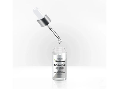 Opened Botox-X bottle with dropper and a drop of the product falling back into the bottle