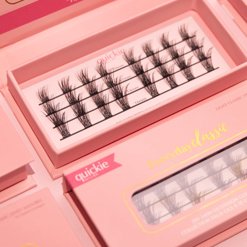 Close-up of DIY lash extension set in pink packaging, by Quickie, featuring lash lengths which are 10mm, 12mm, 14mm, and 16mm for dramatic volume.