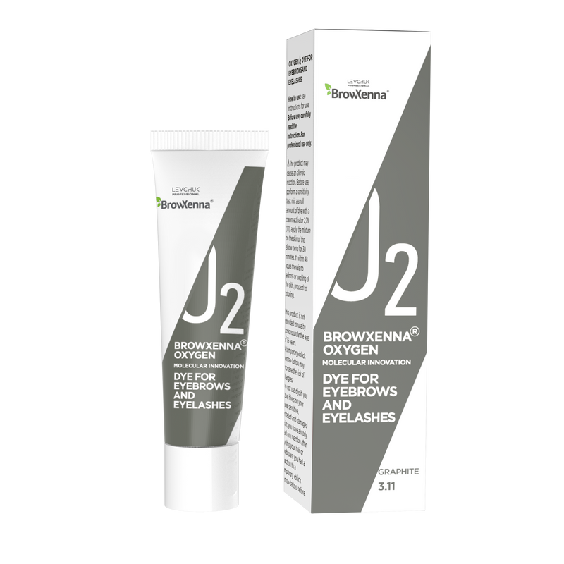 BrowXenna J2 Oxygen Graphite dye for eyebrows and eyelashes in a squeeze tube and box.