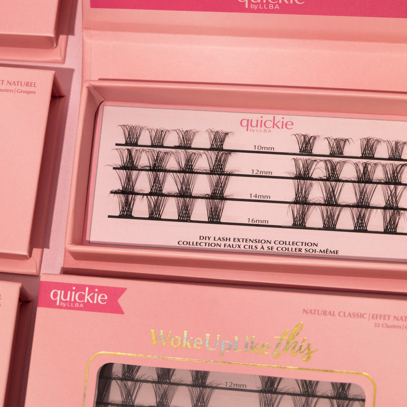 Close-up of DIY lash extension set in pink packaging, by Quickie, featuring lash lengths ranging are 10mm, 12mm, 14mm, and 16mm  for dramatic volume.