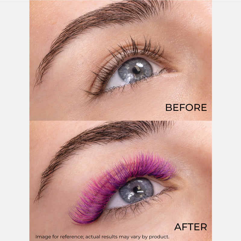 A before-and-after comparison of eyelashes, showing natural lashes above and vibrant purple-pink extensions below.