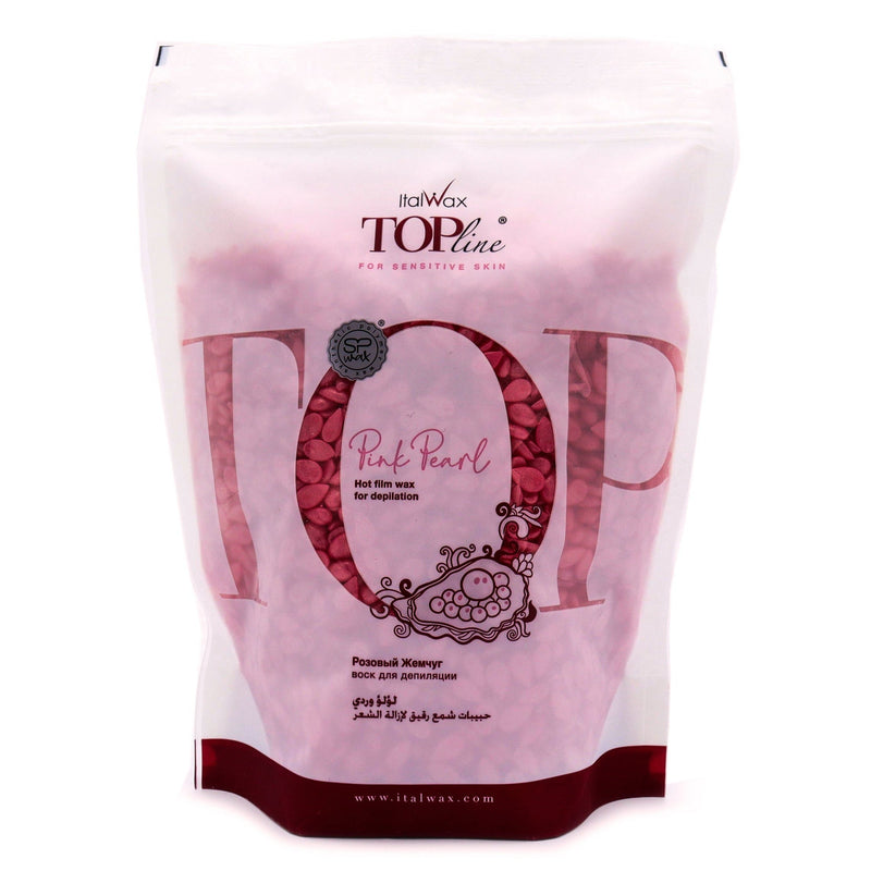 ItalWax Pink Pearl hot wax for sensitive skin in a clear package on a white background.