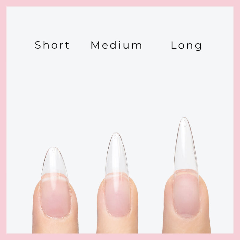 Curacoro Soft Gel Nail Tips showcasing Short, Medium, and Long almond nail sizes on natural nails, with a pink border and a light gray background.