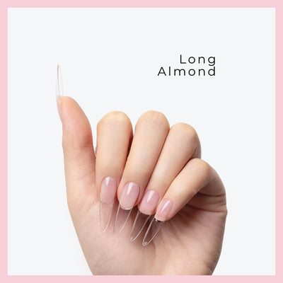 Curacoro Long Almond Soft Gel Nail Tips on a hand, featuring natural nails with clear extensions, set against a light gray background with a pink border.