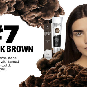 Bronsun Brow and Lash Dye - Dark Brown infographic with model and product 