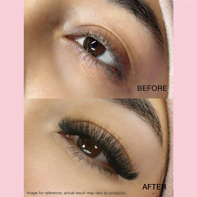 Before and after LashFolio double layer lashes.