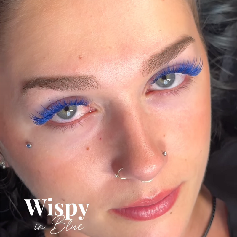 Blue promade lashes on a model. 