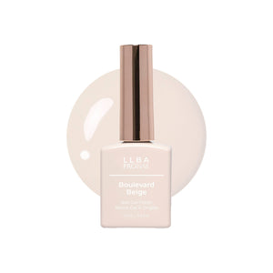 LLBA Boulevard Beige Gel Polish bottle with a white background and a glossy paint blob.