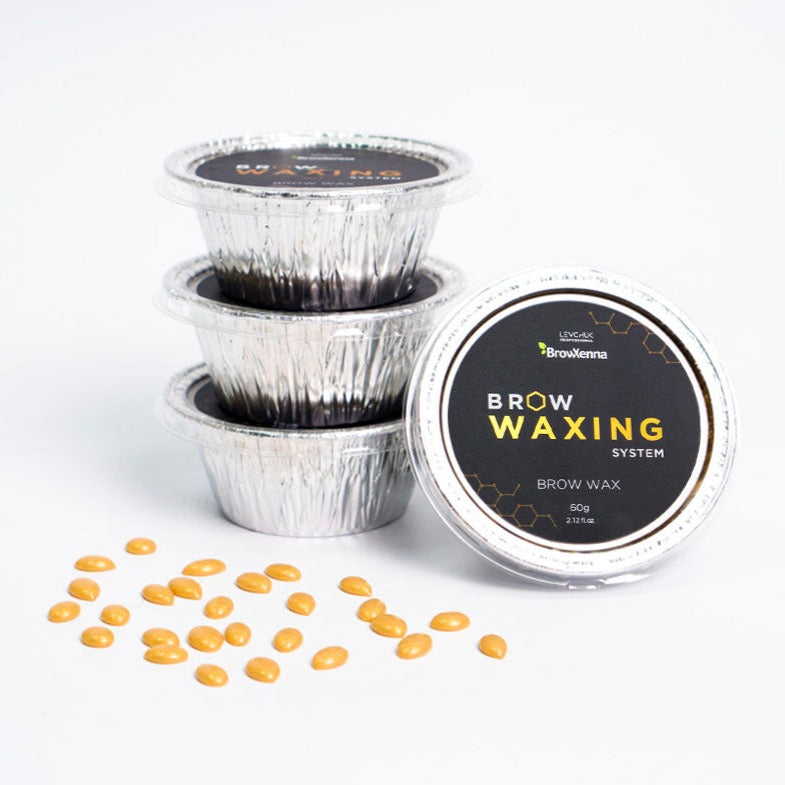 BrowXenna® Brow Wax packs with wax beads displayed on white background 