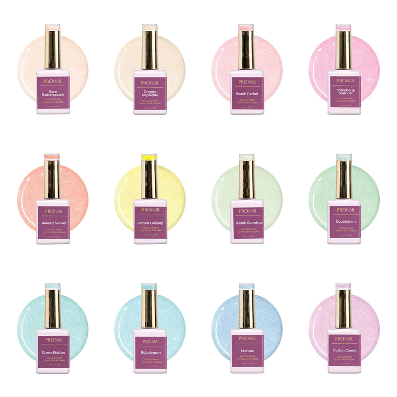 Twelve nail polish bottles with gold caps, each displayed in front of a matching glittery circular background.