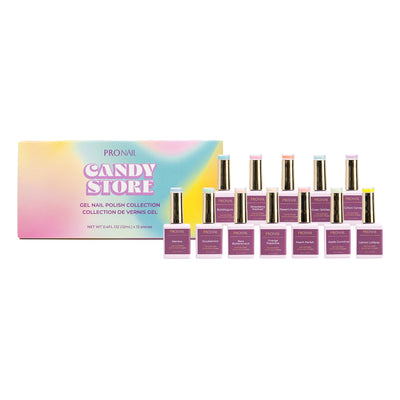 A set of nail polish bottles with gold caps displayed in front of a colorful "Candy Store" box on a white background.