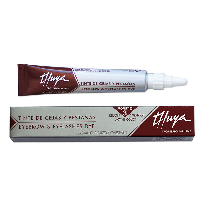 Thuya Professional Line Eyebrow & Eyelashes Dye in Chestnut, enriched with keratin and argan oil, in sleek brown packaging.