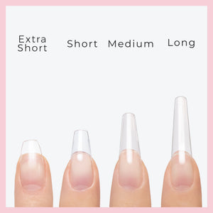 nail tips Variants displayed on nails: extra short, short, medium and long tips 