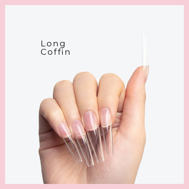 Long Coffin nail tips demonstrated on model&