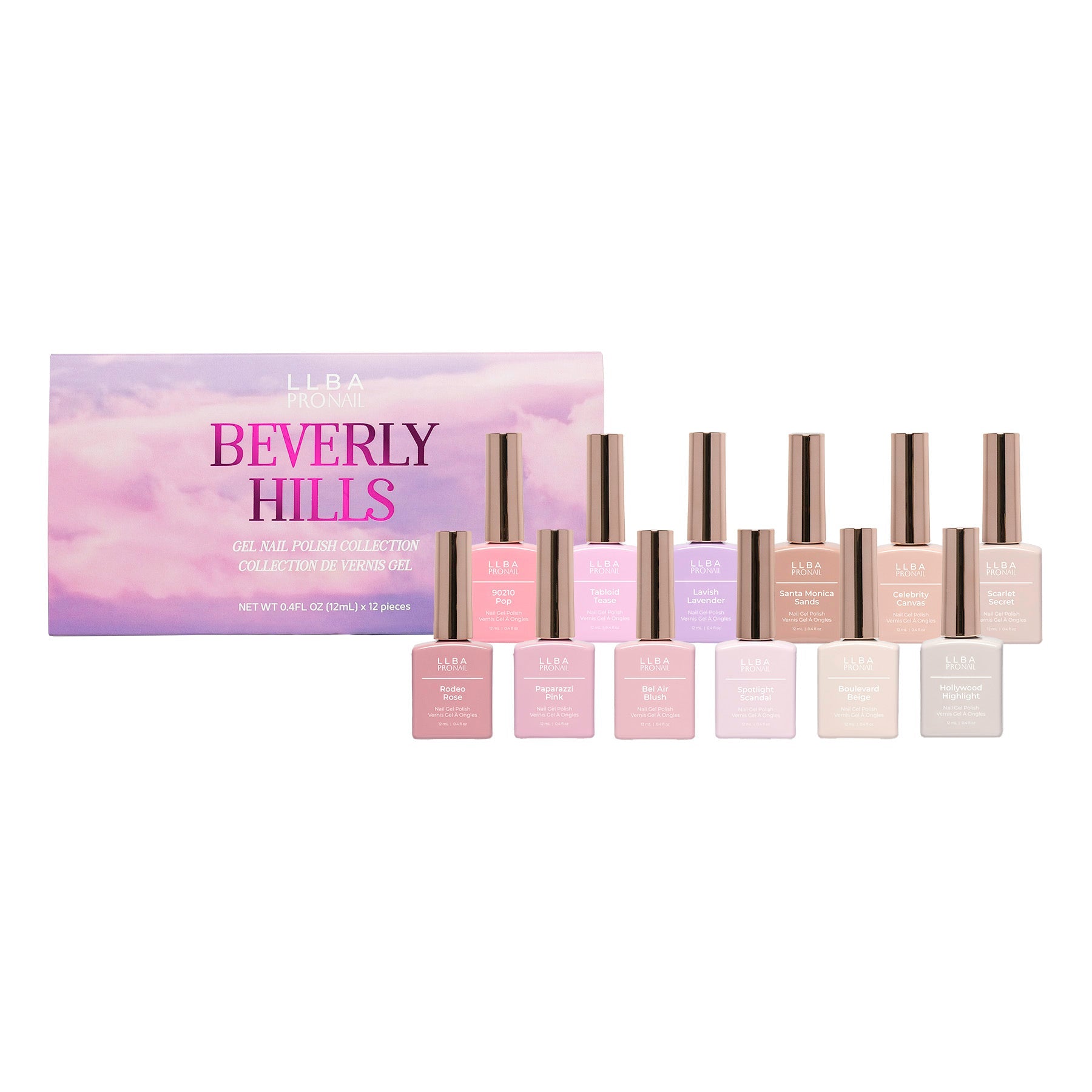 Curacoro ProNail Beverly Hills Nudes Collection, featuring 12 nail polish bottles in soft nude and pastel shades, displayed in front of the collection box with the label &