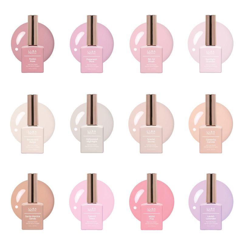 Curacoro ProNail Beverly Hills Nudes Collection showcasing 12 nail polish bottles in nude and pastel colors, each bottle placed on a matching color circle background.