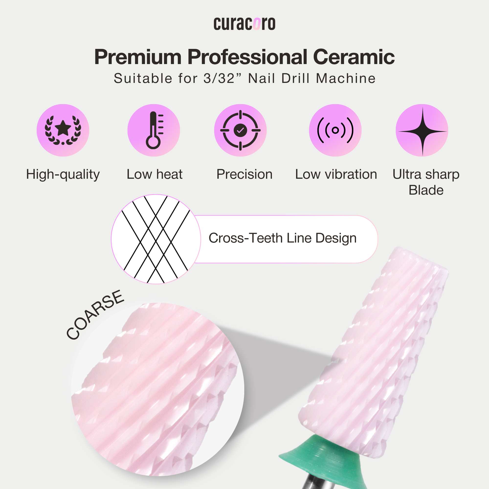 Fraise pour ongles en céramique - 5-en-1 – Fraise à découpe croisée – Grain grossier, 3/32"