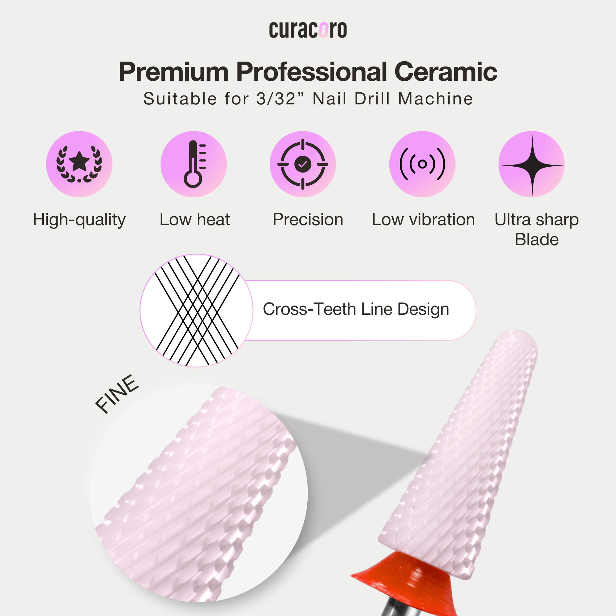 Fraise pour ongles en céramique - Gros cône – Grain fin, 3/32"