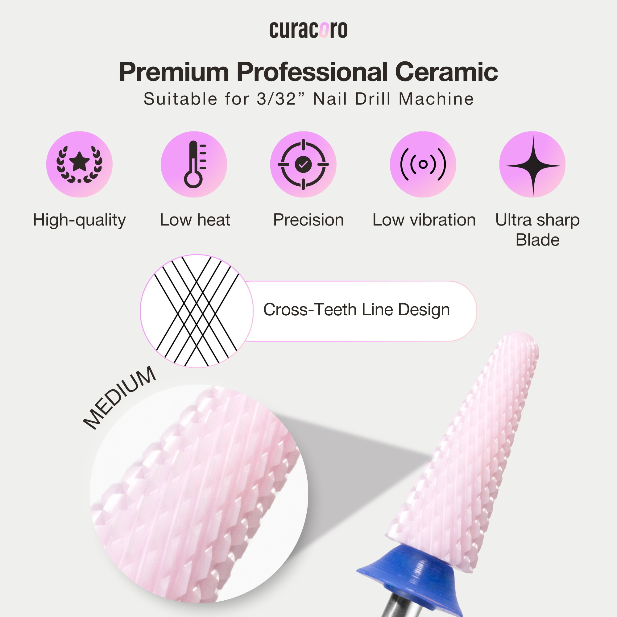 Fraise pour ongles en céramique - Gros cône – Grain moyen, 3/32"