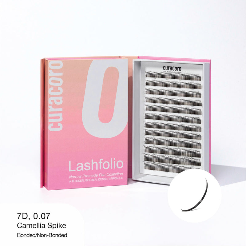 Curacoro Lashfolio with narrow promade fan collection featuring 7D, 0.07 Camellia Spike lashes, bonded/non-bonded.