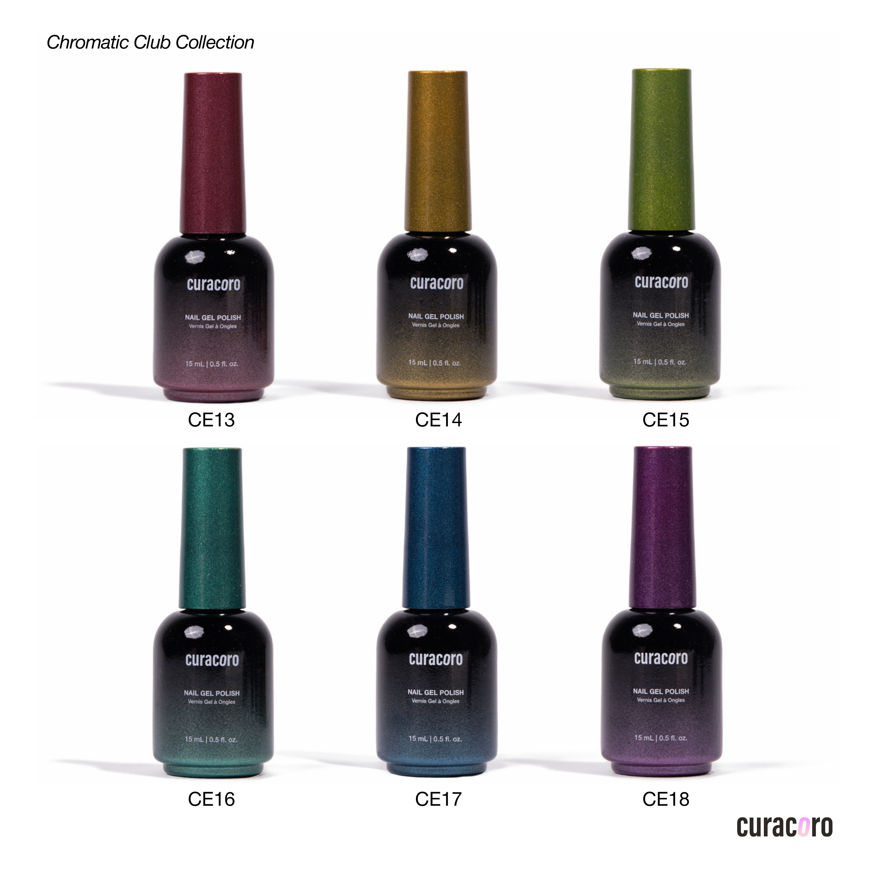 Collection of Curacoro nail gel polish bottles in various colors on a white background