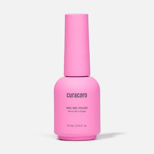 A bottle of Curacoro Nail Gel Polish in a vibrant pink shade, shown against a light gray background.