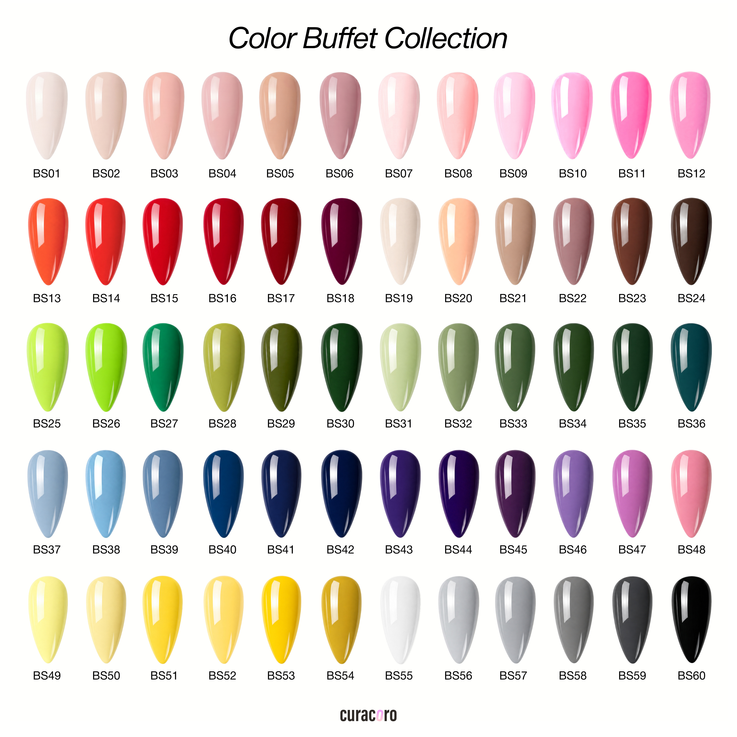 Color Buffet 60 – Collection de gels couleur solides pour ongles (60 couleurs / 15 ml chacune)