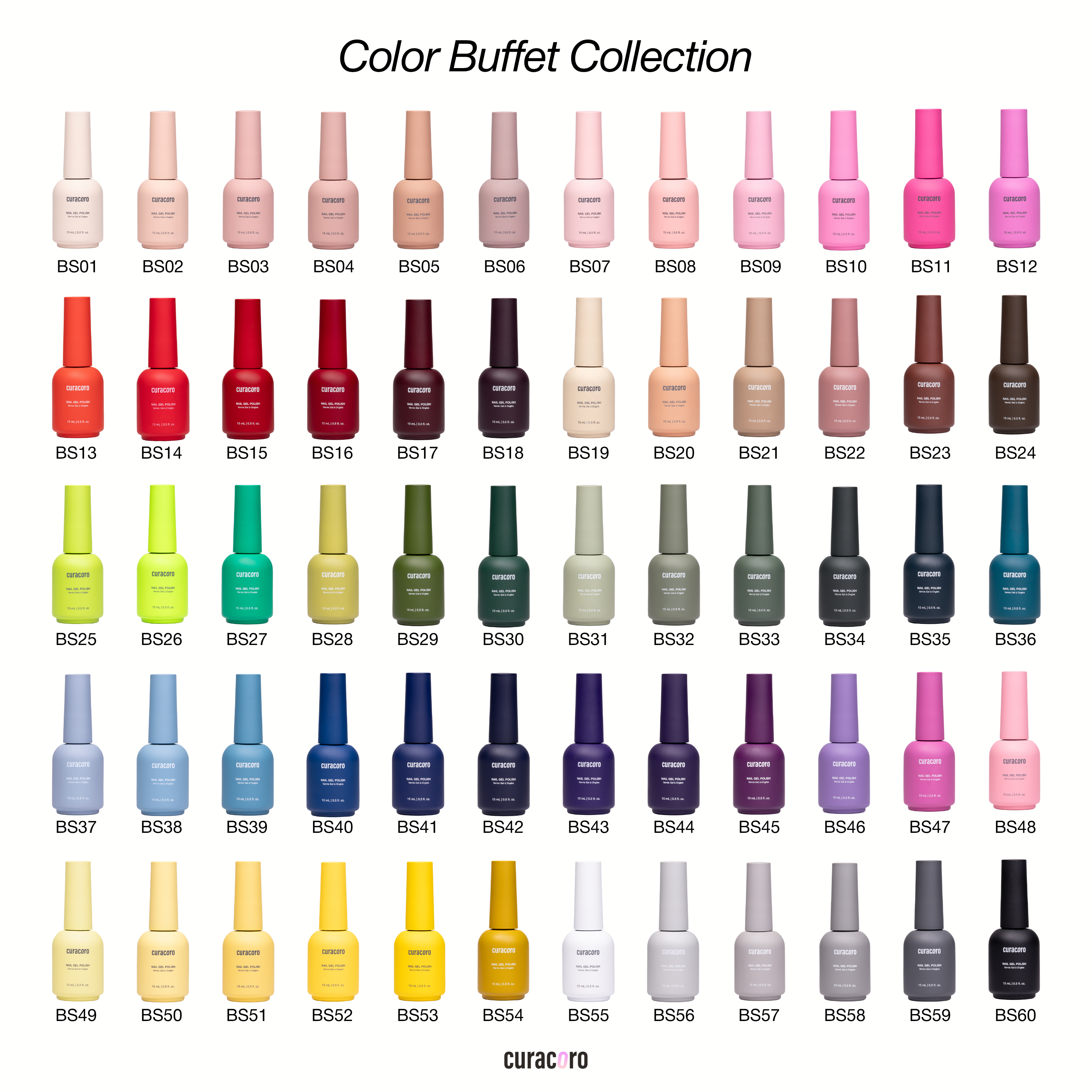 Color Buffet 60 – Collection de gels couleur solides pour ongles (60 couleurs / 15 ml chacune)