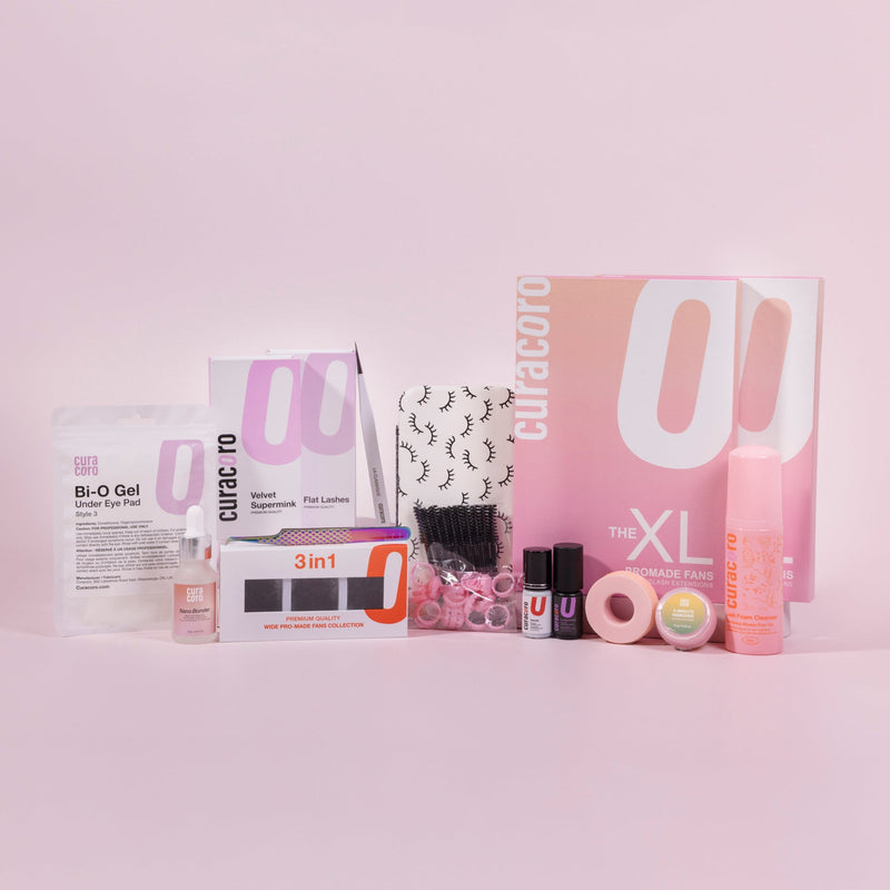 Curacoro Eyelash Extension Training Kit displayed on a soft pink background.