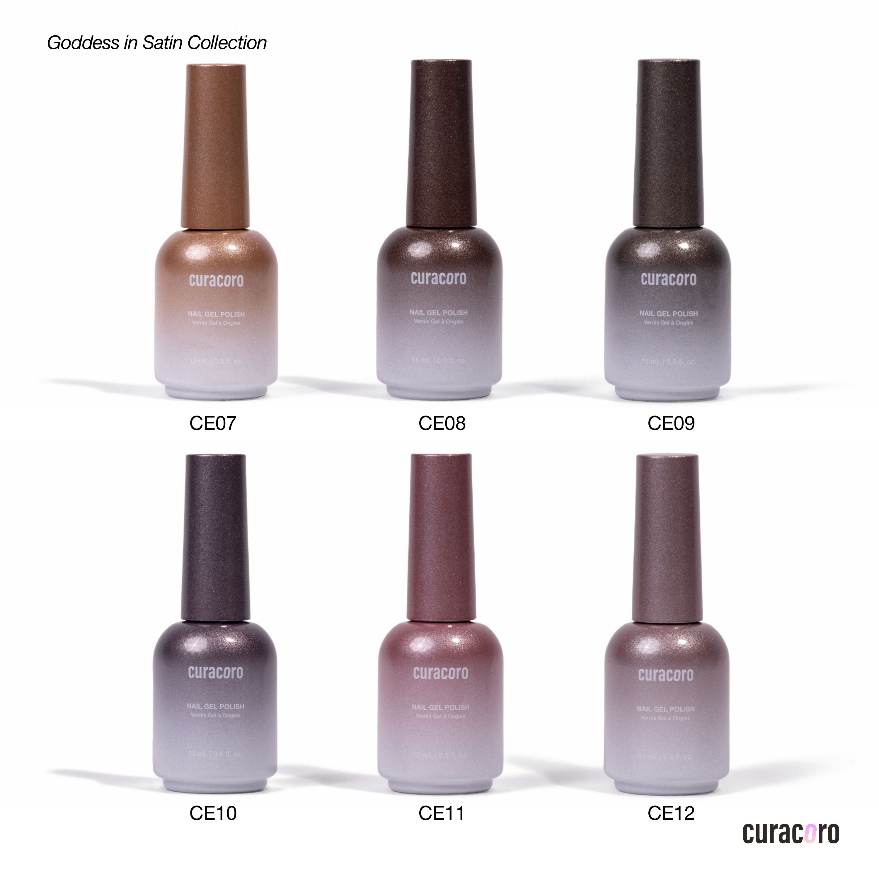 Curacoro nail polish bottles in various shades on a white background