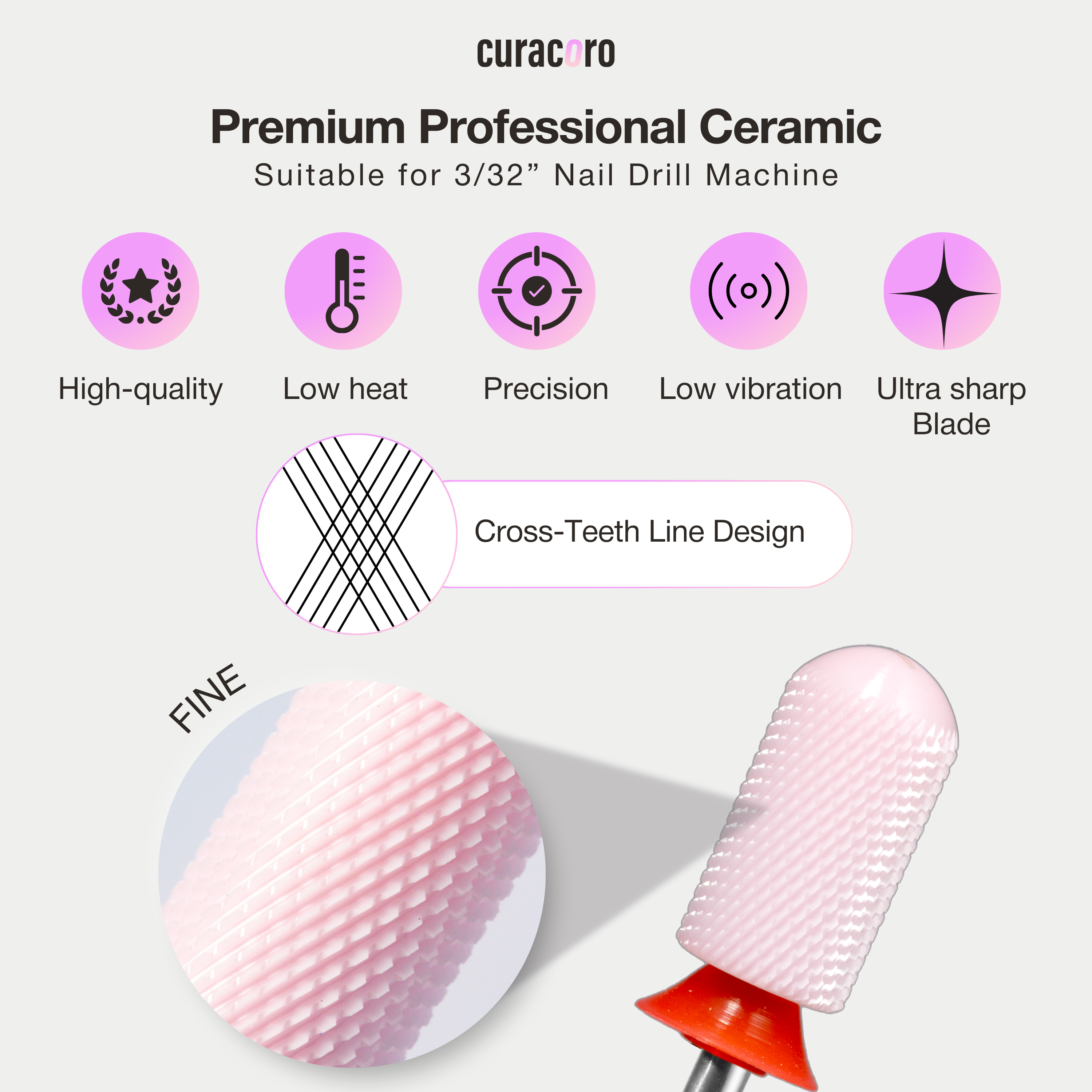 Embout de perceuse pour ongles en céramique – Grand cylindre à surface lisse – Pointe fine 3/32