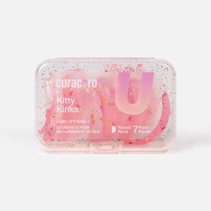 Curacoro Violet Visors lash lift shields in a transparent case featuring 8 pairs of thin teardrop-shaped shields.