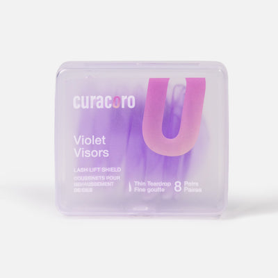 Curacoro Violet Visors lash lift shields in a transparent case featuring 8 pairs of thin teardrop-shaped shields.