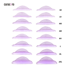 Curacoro violet lash lift shields in various sizes from S2 to 2XL, arranged in a grid for easy selection and application.