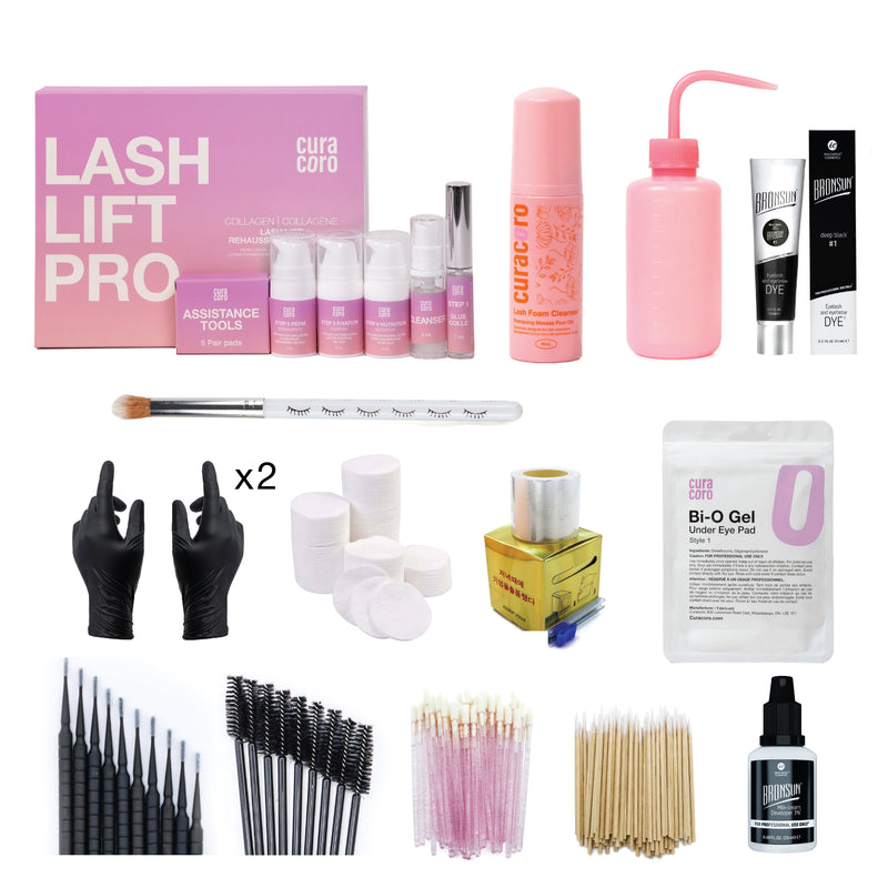 Curacoro Lash Lift Pro training kit with lash lifting, tinting tools, and accessories for professional use.