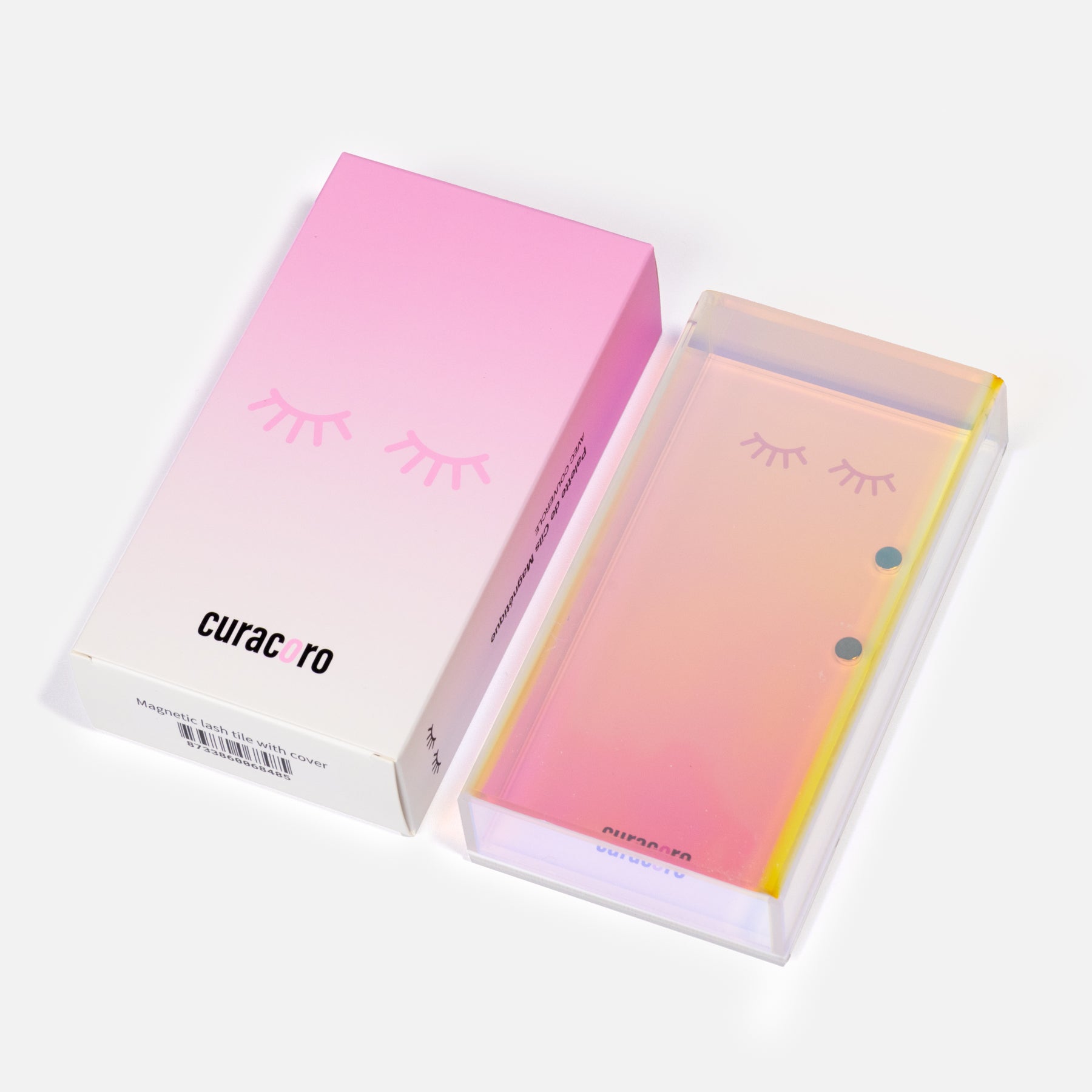 Curacoro magnetic lash tile with holographic cover and pink packaging, designed for lash organization.