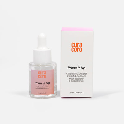 Curacoro Prime It Up accelerator for eyelash extensions, 15 ml dropper bottle with matching box on white background