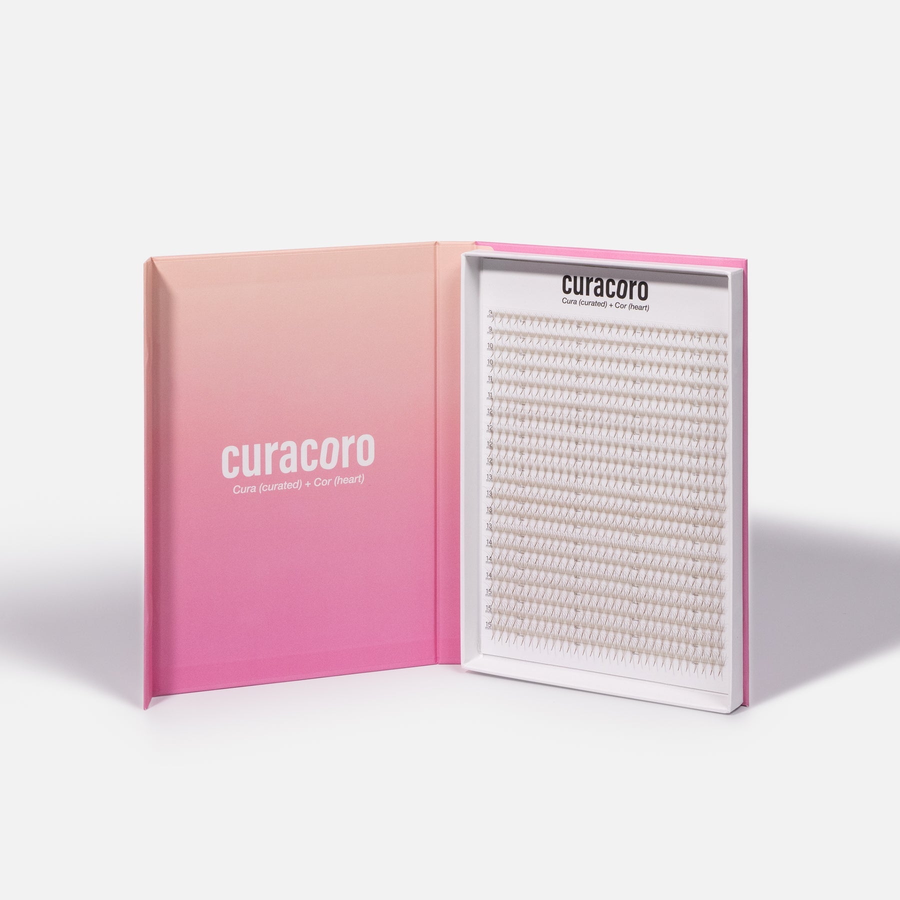 An open pink and white box displaying neatly arranged lash fans, with branding on the inside lid, placed on a white background.