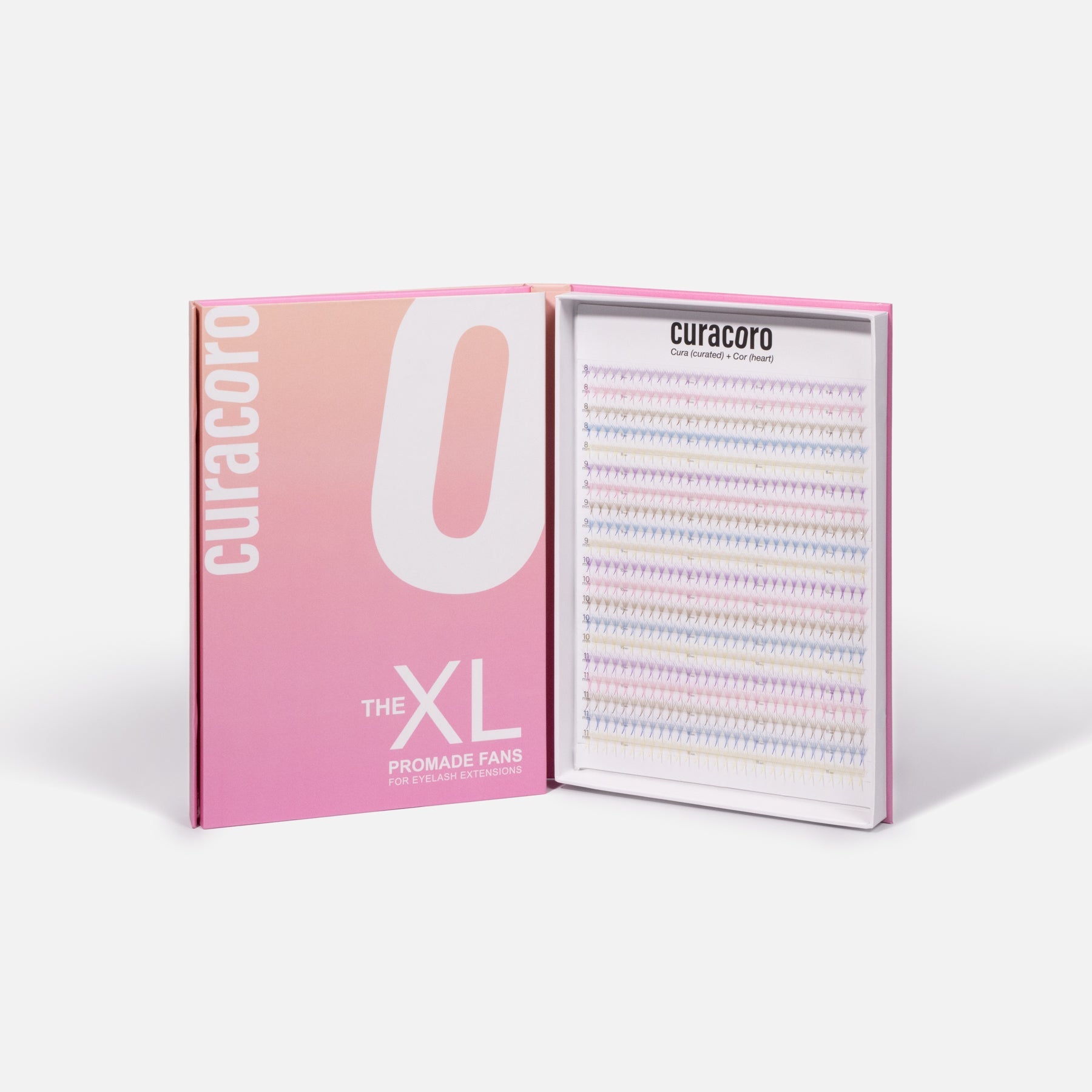 Curacoro XL Promade Fans tray with rainbow-colored lash extensions, displayed in an open box with white packaging.