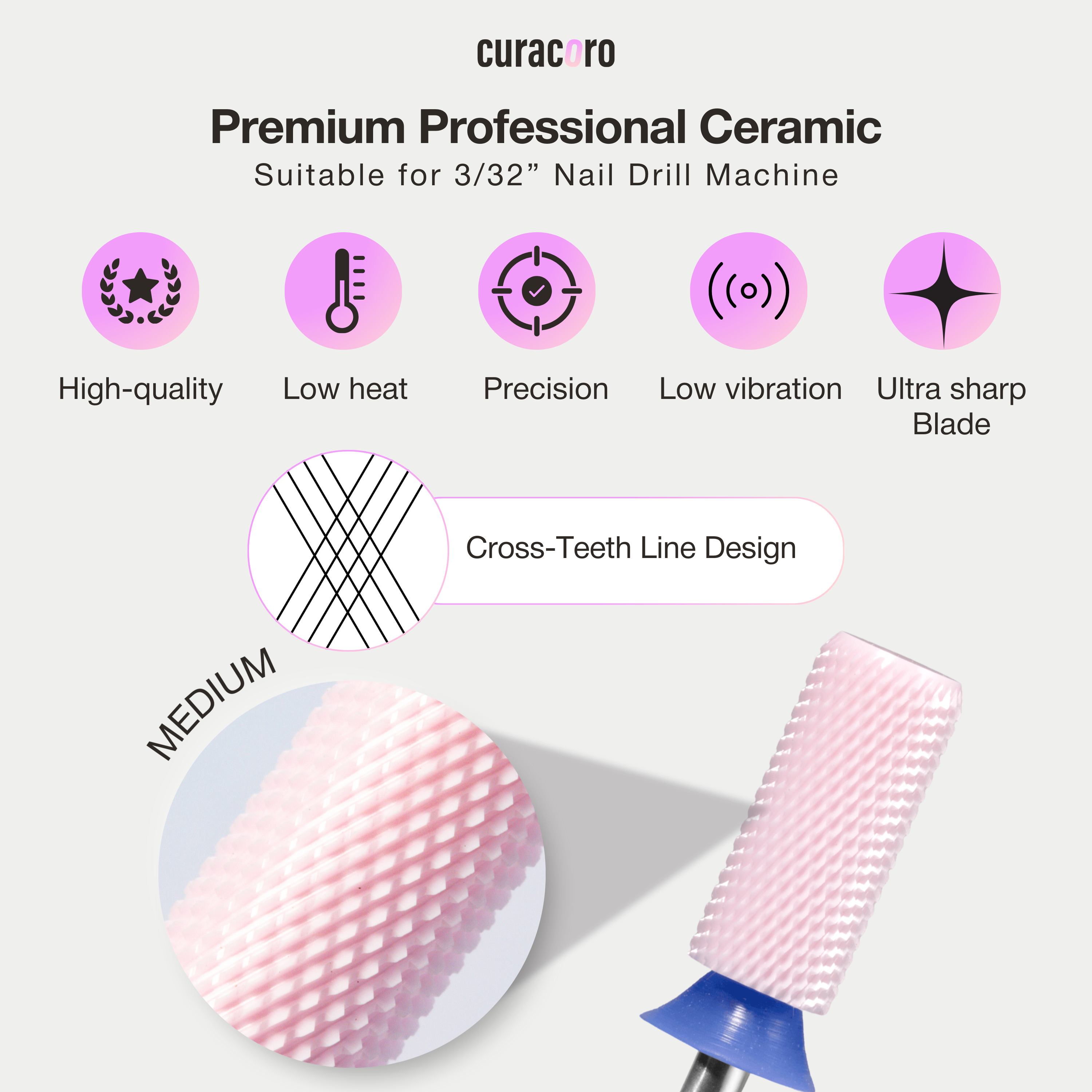 Embout de perceuse pour ongles en céramique – Petit cylindre chanfreiné – Grain moyen 3/32"