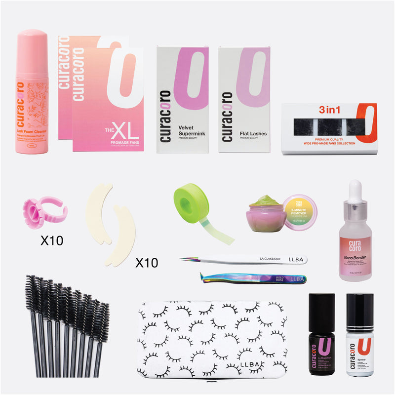 Curacoro Extension Training Kit with lash and beauty tools arranged on a white background.