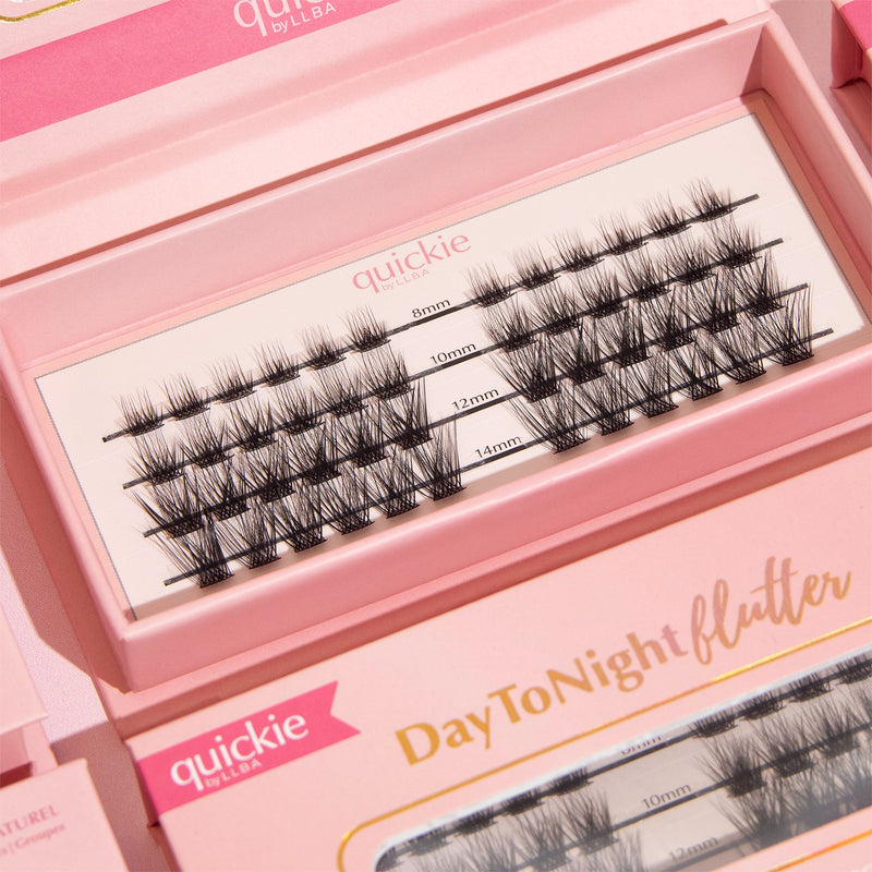 Close-up of DIY lash extension set in pink packaging, by Quickie, featuring lash lengths which are 8mm, 10mm, 12mm, and 14mm for dramatic volume.