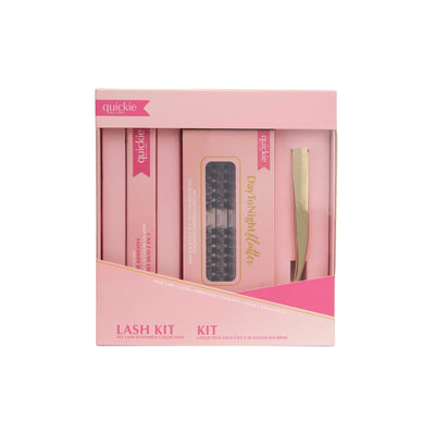 Pink lash kit packaging featuring DIY lash extensions, adhesive, and a gold applicator, branded with 'Quickie by LLBA' and labeled.