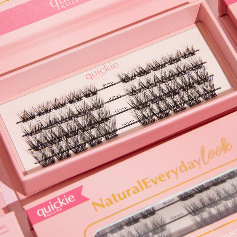 Close-up of DIY lash extension set in pink packaging, by Quickie, featuring lash lengths which are 10mm, 12mm, 14mm, and 16mm for dramatic volume.