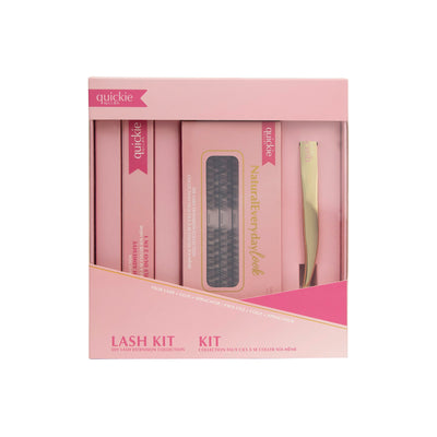 Pink lash kit packaging featuring DIY lash extensions, adhesive, and a gold applicator, branded with 'Quickie by LLBA' and labeled.