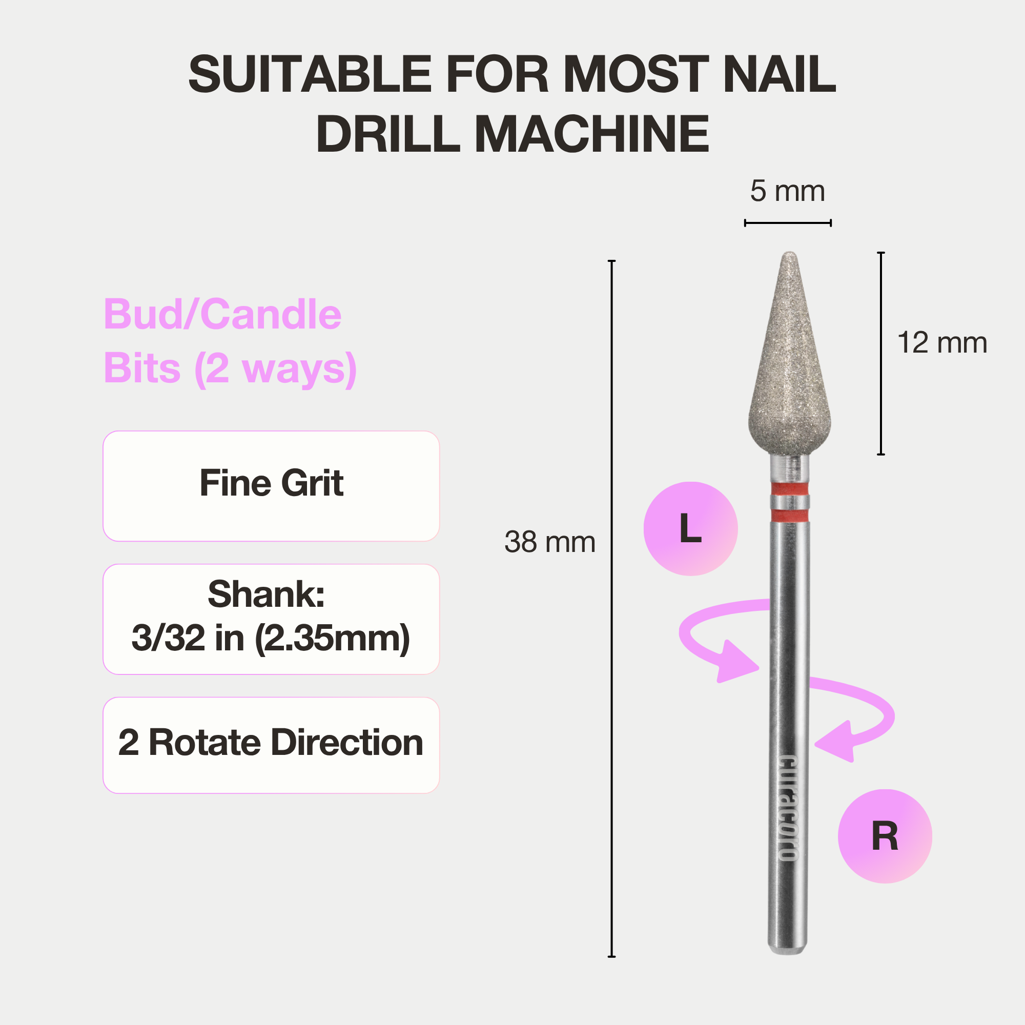 Embout cuticule – Embout diamant 5×12mm (forme bourgeon / flamme) - Moyen/Fin