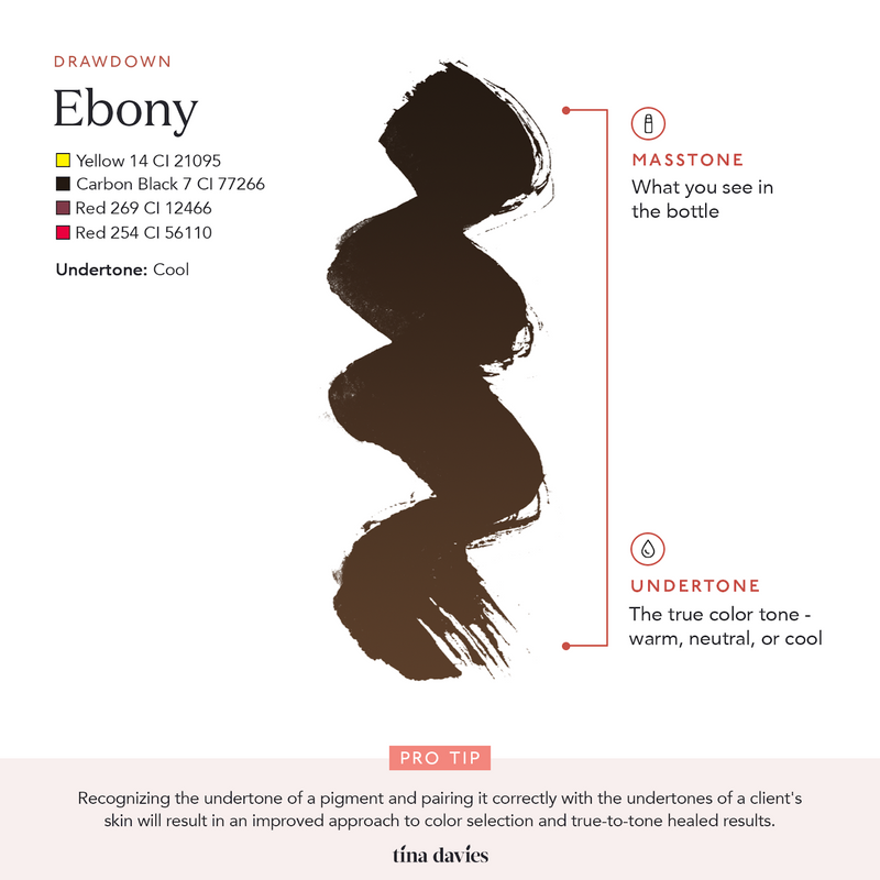 Brow Pigments Ebony, colour masstone and undertone instructions