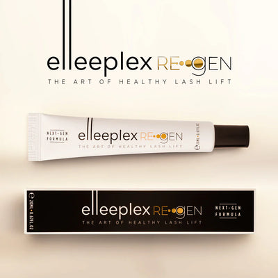 Lash lift cream tube and packaging on a beige background with brand name